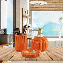 1 zestaw ceramicznych akcesoriów łazienkowych (3 sztuki), dekoracja łazienki z dynią na Halloween, jesienne zestawy łazienkowe, uchwyty na szczoteczki do zębów, dozownik do mydła, mydelniczka, organizer łazienkowy na blat kuchenny, ceramiczny dozownik do mydła w płynie o zapachu wdzięcznej dyni,