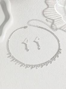 Conjunto de 3 piezas con collar y aretes completamente enjoyados con rhinestones en diseño geométrico minimalista y elegante, adecuado para uso diario, citas en el campus, bodas, San Valentín o de regalo para vacaciones