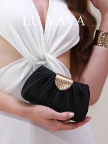 LU VAVA Black Pleated Bride Clutch: Gold Clamshell Lock & Detachable Chain - Formal Evening Essential,BridalPartyClutch,GoldAccentBag,DesignerEveningBag,LuxuryPleatedClutch,WeddingGuestStyle