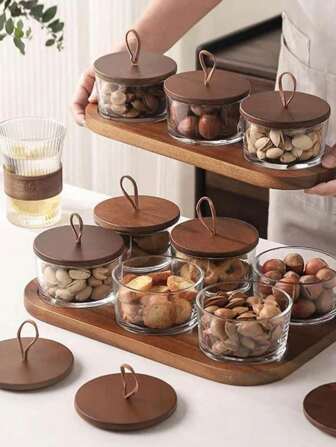 1 Set, Luxury Glass Divided Plate - Walnut Wood Design, Snack Dessert Glass Tray, Suitable For Dried Fruits, Nuts, Snacks, Candies - Perfect Choice For Party, Kitchen And Home Entertainment