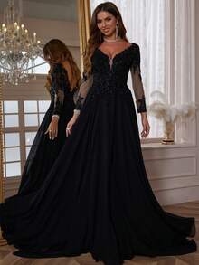 Suknie ślubne z długim rękawem z szyfonu i koronki z trenem, odkrytymi plecami i dekoltem w serek, jednokolorowe wykończenia, długość do ziemi, na wesele, luksusowa aplikacja z siateczki, linia A, formalna suknia ślubna dla panny młodej - Czarne - Zobacz 4