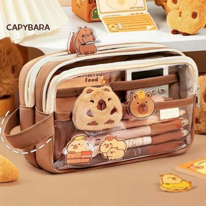 1pc Capybara Pencil Case - Large Capacity Stationery Box In Beige, Transparent Handheld Student Pencil Bag, Multifunctional Storage Pouch With Random Accessories (Doll, Stickers, Memo, Pin, Pendant)