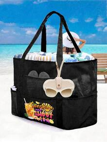 网状沙滩包大号沙滩手提包，带拉链封口的多用途整理袋，可折叠方便大号网状手提包轻便，适合家庭使用沙滩包，可装玩具和度假必需品，书包，大容量，防水，轻便，便携，可折叠