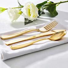 100/50/25/10/2pcs Gold Plastic Reusable Cutlery Set, Including Cake/Salad Forks, Spoons, Suitable For Home, Restaurant, Wedding, Outdoor, Birthday, Party, Holiday Gatherings, Kitchen Accessories, Valentine's Day, Back To School Party - Gold - View 6