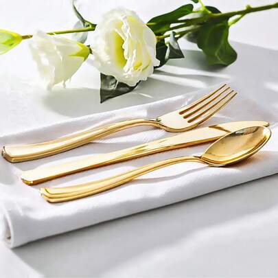 100/50/25/10/2pcs Gold Plastic Reusable Cutlery Set, Including Cake/Salad Forks, Spoons, Suitable For Home, Restaurant, Wedding, Outdoor, Birthday, Party, Holiday Gatherings, Kitchen Accessories, Valentine's Day, Back To School Party