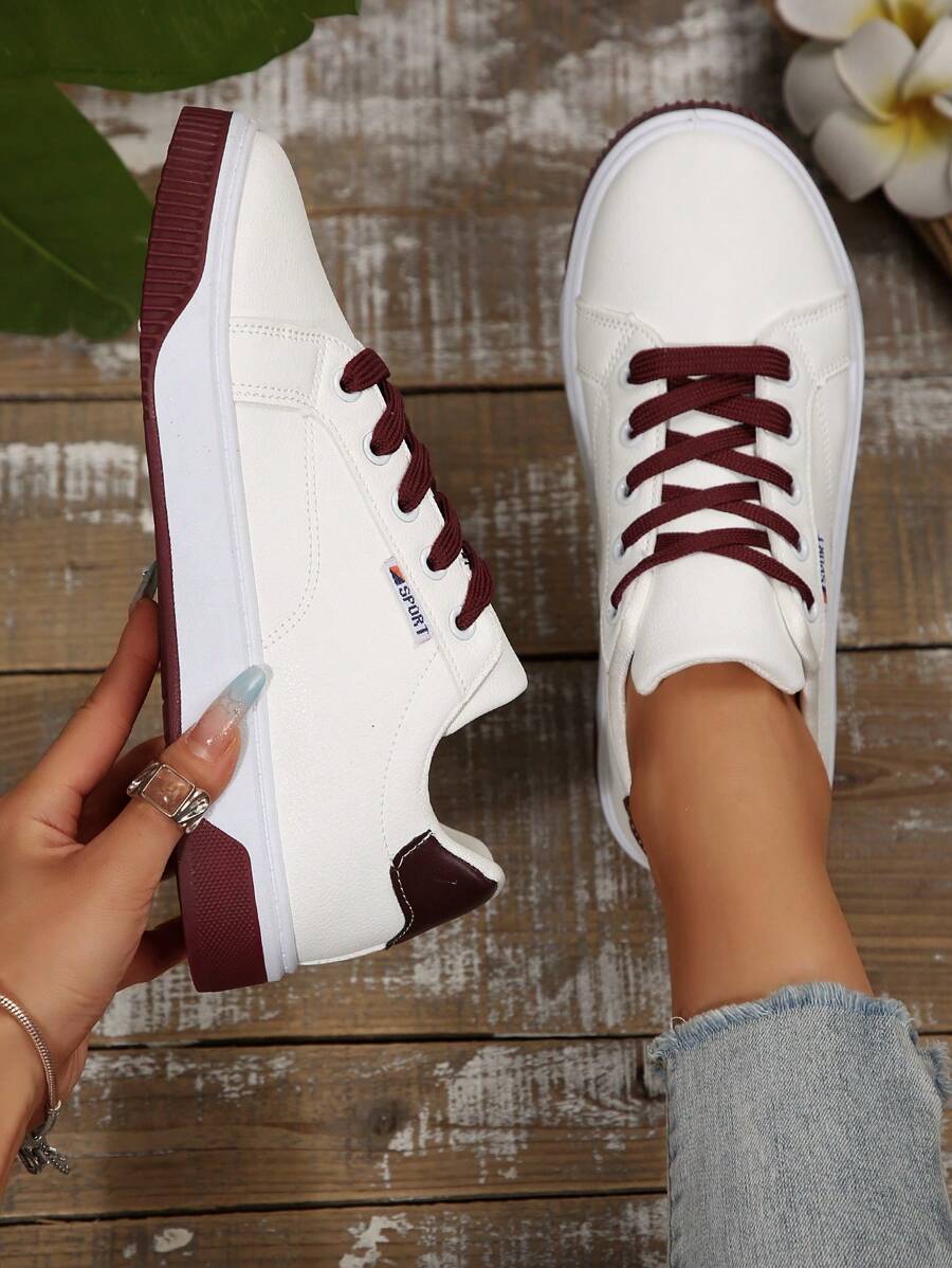 Women's New Fashion Ins Style Flat Platform Sneakers, Lace-Up Color Block Casual Small White Shoes, Lightweight And Comfortable For School, Street, Outdoors, Daily Commute, Versatile And Sporty