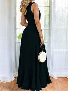 Vestido Largo de Hombros Descubiertos con Escote en V Profundo y Volantes Delicados con Abertura Lateral Alta en Pierna y Cinturón Ajustable Elegante para Mujer - Negro - Ver 2