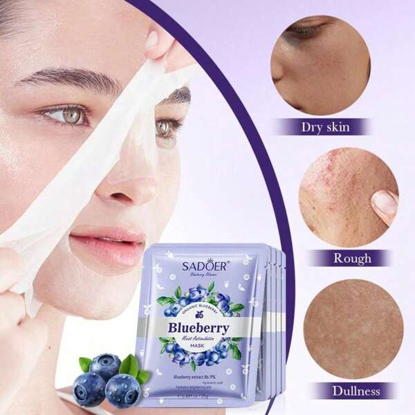 Masque facial en feuille à l'acide hyaluronique et à la myrtille 5/10 paquets - Masque facial purifiant les pores, améliore le teint inégal et réduit les imperfections. Masque facial hydratant à la myrtille