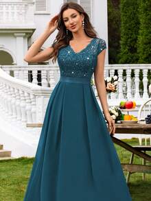MIUSOL V-Neck Sequin Lace Short Sleeve Chiffon Ruffle Hem Maxi Dress, Elegant Women's Party Gown, Formal Evening Dress, Ball Gown, Suitable For Wedding Guest, Graduation Ceremony, Gala Dinner And Other Occasions - Dusty Blue - View 10