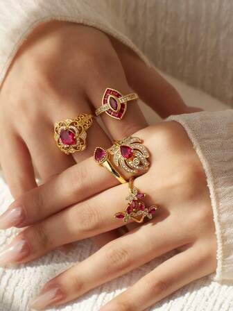 Charm-In 18K Gold-Plated Brass Luxury Shiny Cubic Zirconia Embellished Casual Women's Ring, Valentine's Day Gift