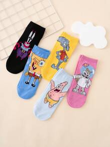 SPONGEBOB 5 Pairs Cartoon Spongebob & Octopus Pattern Jacquard Breathable Soft Casual Short Socks, Comfortable , Suitable For All Seasons, US/European Sizes