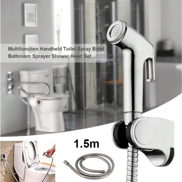 An Der Wand Montiertes Duschkopf-Set, Multifunktionales Hand-Toilettenspray, Bidet-Badezimmerbrause, Toiletten-Sprühpistolen-Set Mit 1,5 M Schlauch + Festem Sitz, Zum Duschen, Bodenreinigen, Waschen Des Toilettensitzes, Blumengießen, Autowaschen