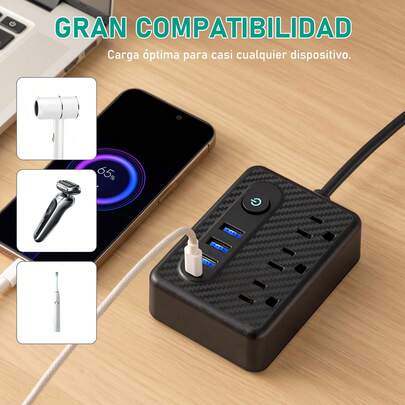 USB Multicontacto, Regleta de 1,2 m, 3 CA, 3 USB (5 V / 2.1 A), 1 puerto Type-C, con lámpara de inducción, Conector múltiple, Regleta para el hogar, oficina, dormitorio