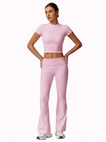 MFVIM Pink Women's 2 Pieces Summer Active Set - High-Waist Micro-Flared Leggings & Fitted Running Tee - Versatile Outdoor Casual Yoga Activewear