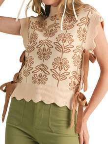 Womens Flower Knit Vest Scallop Trim Crew Neck Side Tie Bow Sleeveless Sweater Tops Casual Streetwear - Khaki - View 7