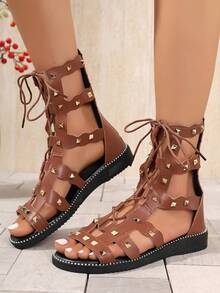 Women's Flat Roman Sandals, Fashionable Lace-Up Flat Sandals, Rubber Sole, Rivet Design - Brown - View 16