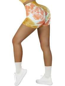Seamless High Waisted Booty Shorts For Workout - 3" Yellow Tie Dye - View 3