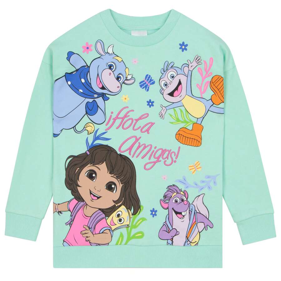 DORA The Explorer Girls Sweatshirt, Long Sleeve Girls Jumper, Cotton Kids Sweatshirt - Green - View 1