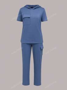 2pcs/Set Women Summer Casual Suit - Solid Color Hooded Short Sleeve Top And Elastic Waist Pocket Straight Leg Pants