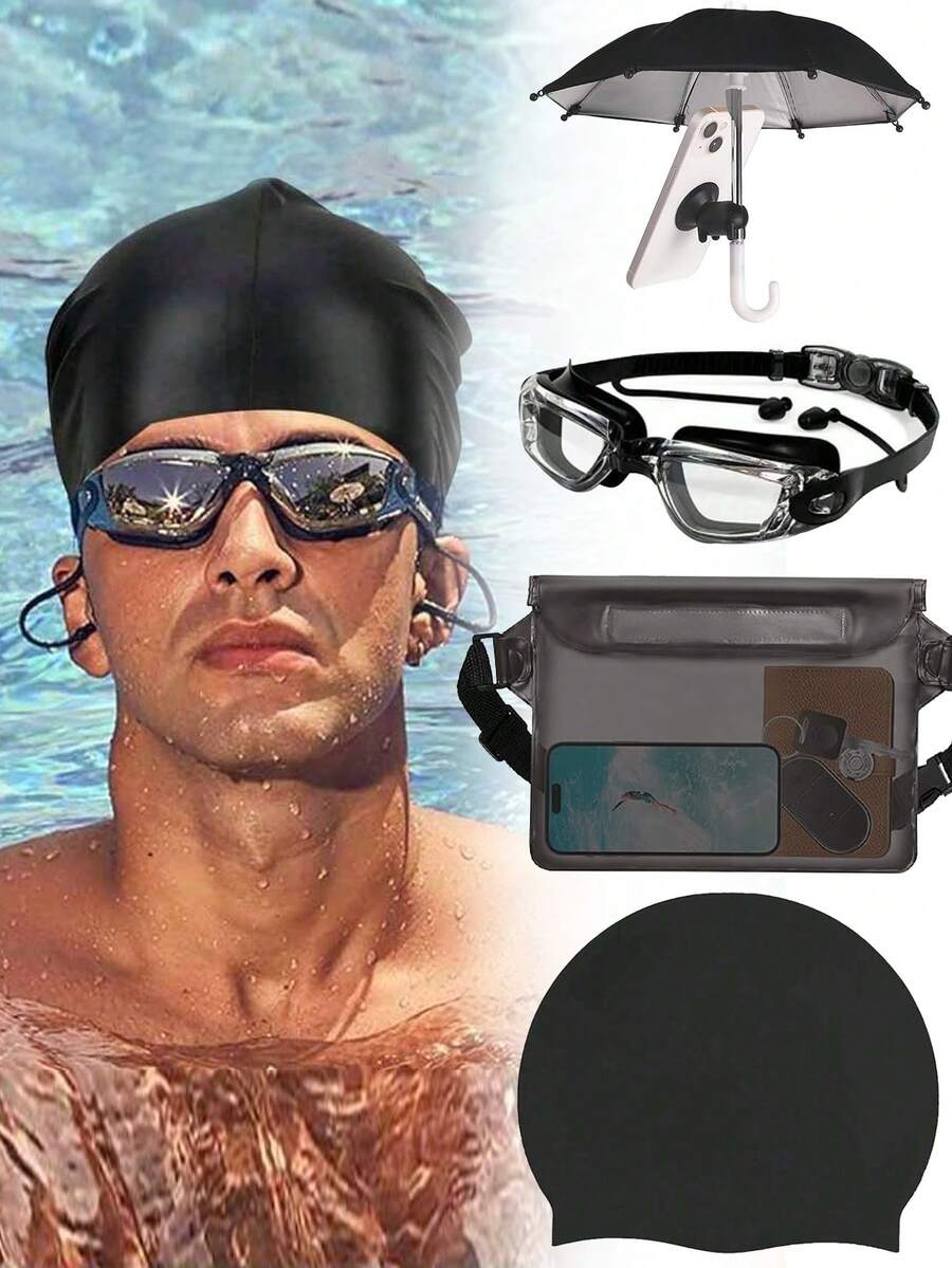 4件套泳帽、泳镜、手机防水袋、手机支架遮阳伞、全新专业成人防雾紫外线防护镜片、男女款泳镜、防水可调节硅胶两片式防雾游泳镜片、透气褶皱成人面料泳帽、沙滩必需品、沙滩配件、泳池浮板