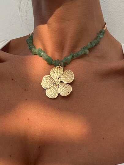 1 pieza Collar asimétrico bohemio de piedra natural, collar gargantilla con decoración de flor metálica, adecuado para fiesta, regalo, uso diario