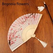 1 szt. Vintage składany bambusowy wentylator, styl retro boho ozdobiony czarnym motylem, kwiatami i frędzlami, kolorowy modny dodatek dla kobiet, wiosna/lato