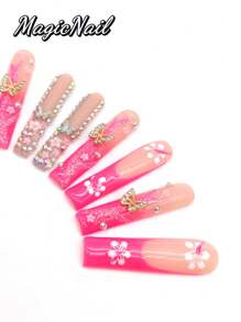 10 Pieces Of Pure Hand-Pressed Wearing Nail, Press On Nails,55mm Long Nail Pieces, Flesh-Colored Red Contrast, Hand-Painted White Flowers, 3D Gold Butterfly Ornaments, 3D Pink Small Flower Embellishment, Red Glitter Pink Drawing Lines, Glitter Diamond Embellishment. Spring And Summer Style, Cute Nail Plate, Can Be Reused.