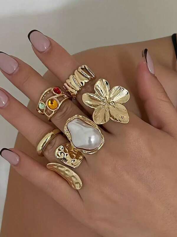 6 pièces Ensemble de bagues de perles baroques fausses, bagues ouvertes exagérées uniques en métal fleuri, convenant à toutes les occasions, cadeau de vacances parfait