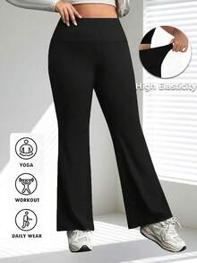 1 pieza Pantalones de yoga de talle alto de talla grande con efecto moldeador y elástico de alto impacto para cadera, color sólido de verano, moda simple, pantalones acampanados deportivos para exteriores, fitness, running, ciclismo, shorts de boxeo, pantalones elásticos ligeros, suaves, de secado rápido y transpirables para gimnasio