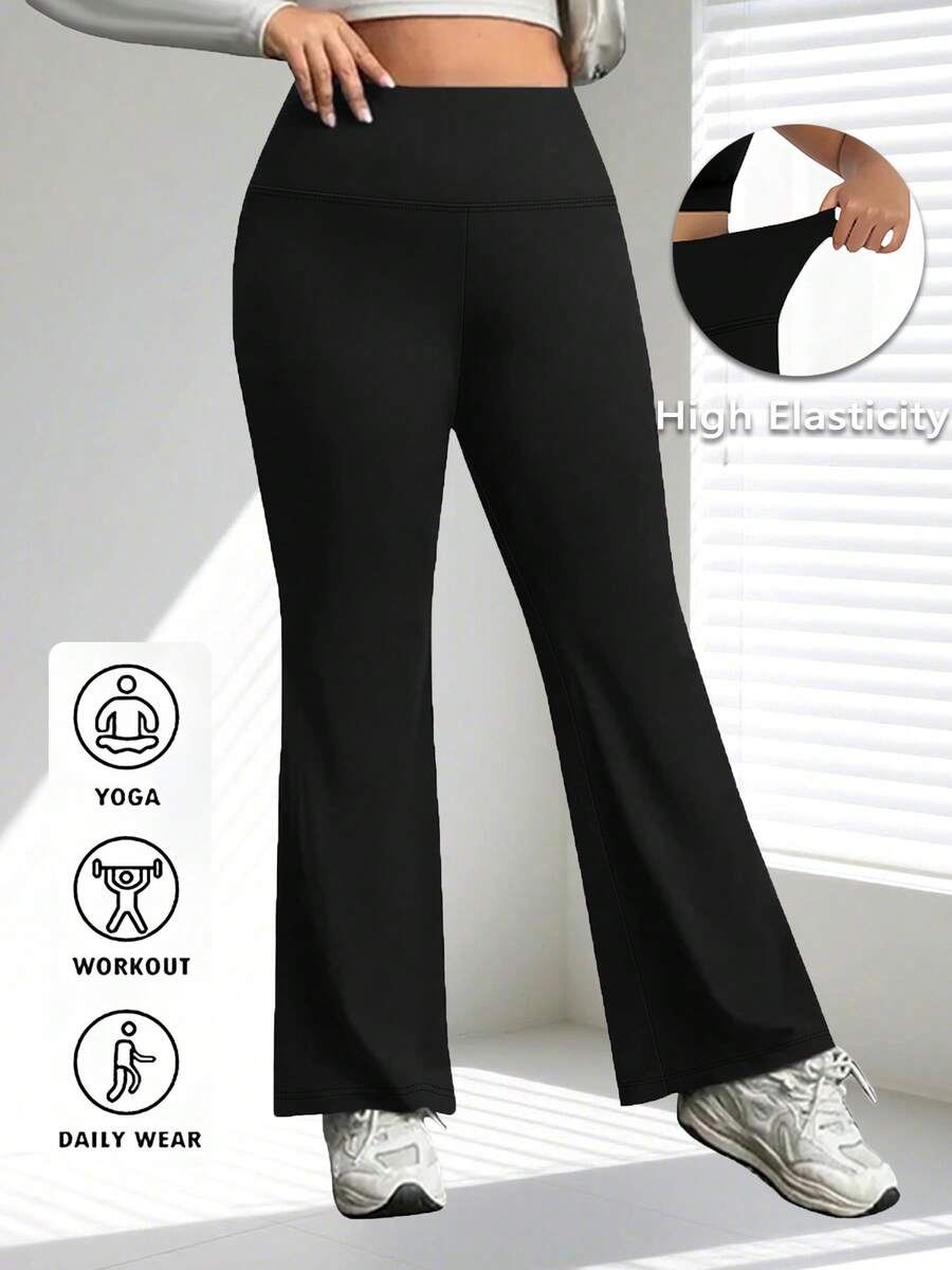 1 pieza Pantalones de yoga de talle alto de talla grande con efecto moldeador y elástico de alto impacto para cadera, color sólido de verano, moda simple, pantalones acampanados deportivos para exteriores, fitness, running, ciclismo, shorts de boxeo, pantalones elásticos ligeros, suaves, de secado rápido y transpirables para gimnasio