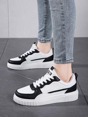 Women's Colorblock Platform Lace-Up Sneakers, Casual Leather Thick-Soled Athletic Shoes Multi-Colors, Suitable For All Seasons