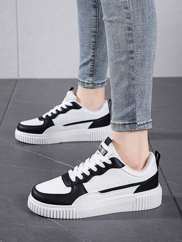 Women's Colorblock Platform Lace-Up Sneakers, Casual Leather Thick-Soled Athletic Shoes Multi-Colors, Suitable For All Seasons