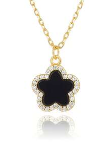 1 套 925 纯银防过敏幸运四叶草项链、吊坠耳环 - 五叶花图案镶嵌人造黑玛瑙 - 甜美可爱，适合女孩日常佩戴/派对 - 送给女儿朋友的理想幸运礼物