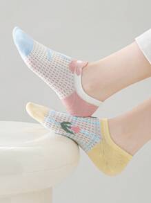 5 Pairs Of Women's Socks, Playful Floral Cute Candy Color Women's Short Socks Ankle Socks, Daily Casual Wear