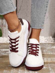 Women's New Fashion Ins Style Flat Platform Sneakers, Lace-Up Color Block Casual Small White Shoes, Lightweight And Comfortable For School, Street, Outdoors, Daily Commute, Versatile And Sporty