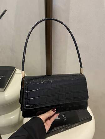 Minimalist Stone Texture Shoulder Bag, Solid Color High-Quality Shiny Small Square Handbag