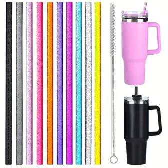 5/7/8 Pack Colorful Glitter Reusable Straws - Sparkling, Durable, Easy-To-Clean Drinking Straws For Cup 40oz 30oz 20oz - Includes 1 Cleaning Brush, Perfect Party Supplies, 12inch Long
