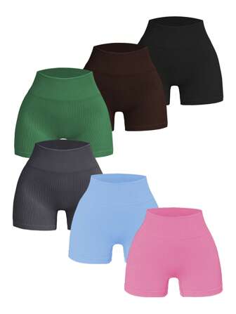6pcs Women's High Waist Elastic Solid Color Versatile Shorts, Suitable For Outdoor, Vacation, Gym, Sports