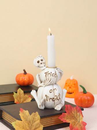 1pc Skeleton Hugging Pumpkin Candleholder, Yoga Skeleton Statue Decor, Halloween Skeleton Decoration Resin Figurine, Suitable For Home Living Room Office Skeleton Vintage Halloween Decor Party Aesthetic Room Ornament