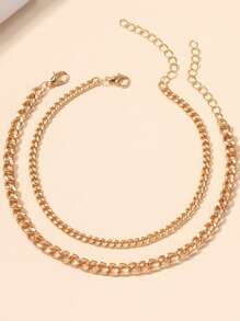 1-3 Pcs Retro Fashion Simple Double Layer Alloy Chain Anklet K Gold Color Retention AB Cuban Chain Anklet . Suitable For Travel, Beach Vacation