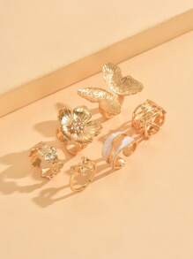 Set de 6 anillos de metal vintage con diseño de mariposa y flor esmaltada en blanco, diseño lindo y elegante de lazo, anillos apilables/de nudillo, aptos para usar diariamente, citas, reuniones y fiestas para mujeres