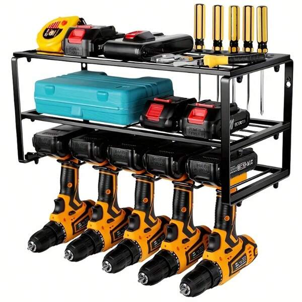 1 Pc Wall Mounted Tool Storage Rack, 5 Compartment 3-Tier Wall Holder, Compact Steel Frame Suitable For Indoor Outdoor Garage Workshop