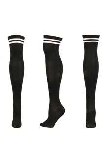 1 Pair Women's Solid Color Simple Fashion Comfortable Personalized Double Stripe Over-The-Knee Socks, Versatile For All Seasons