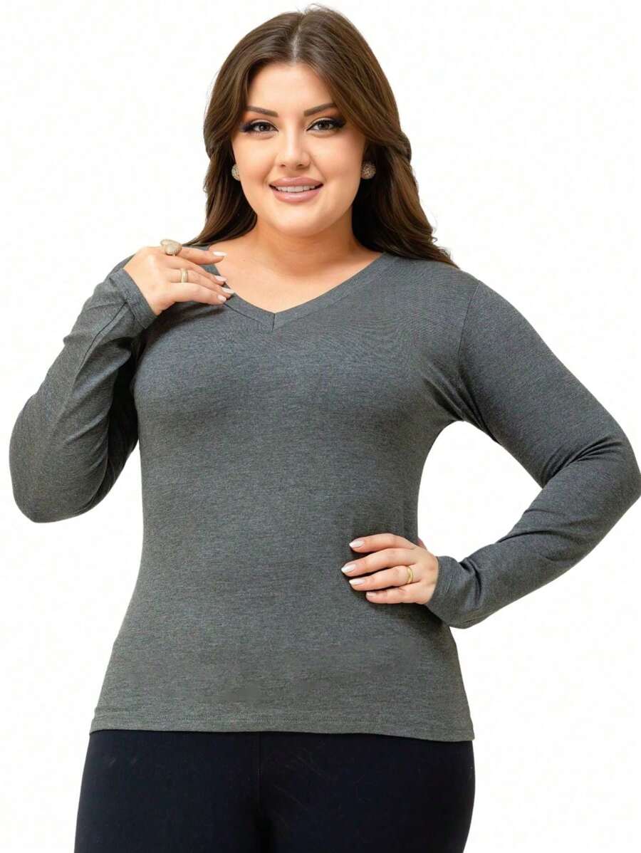Blusa Manga Longa Viscolycra Gola V Feminina Segunda Pele