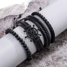 4pcs Boho Style Multi-Layer PU Leather & Wax Rope Braided Bracelet With Wooden Beads & Anchor Pendant, Adjustable Size