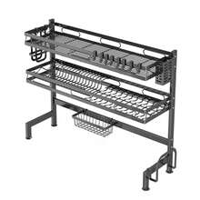 Space-Saving Kitchen Dish Rack - Over Sink Design With 8 Hooks & Utensil Storage - Black - View 1