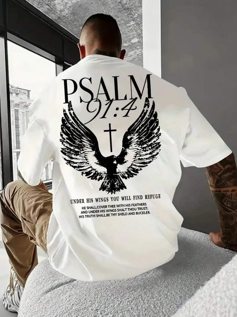 The Deep Expression Of Religious Beliefs And Spiritual Protection Revolves Around Psalm 91:4 Of The Bible, Conveying The Philosophical Connotations Of "God's Protection, Faith Reliance, And Spiritual Power" Through "Eagle Wings, Crosses, And Scriptures" ... Y2K Style 100% Cotton T-Shirts Feature A Youthful And Fashionable Design. They Come  They Are Perfect For Casual Wear And Street Style. They Are Excellent  Gifts For Friends And Family.Made In America - 白色 - 查看 1