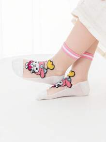 Sanrio 5 Pairs Girls Short Socks, Melo-Dy Baby Boat Socks, Pink Tones, Rabbit, Ice Cream Cartoon Patterns, Cute Casual Style, Thin For Summer, Suitable For Students, Daily, Holidays, Back To School, New Semester, Classroom, Can Be Paired With Skirts, Casual Pants
