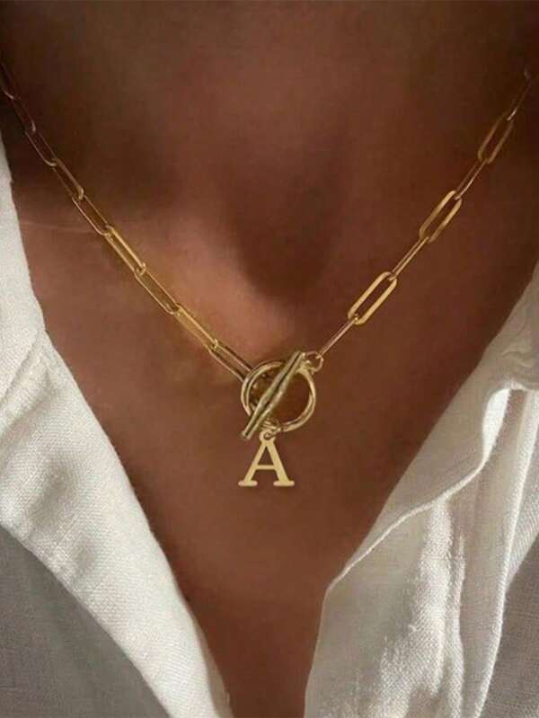 1 pieza Collar gargantilla con colgante inicial, cadena de clip de papel con broche de acero inoxidable para mujeres