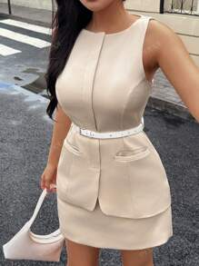 Robe décontractée avec ceinture à la taille, nouvelle mode printemps/été pour femmes. Robe unie couleur kaki sans manches avec fronces à la taille.
